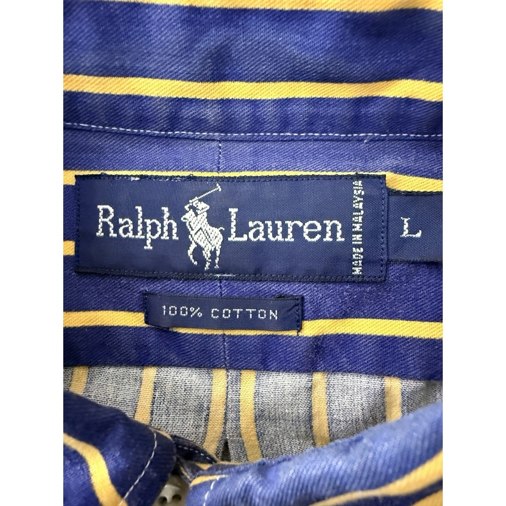 Ralph Lauren Men Shirt L Oxford Shirt Blue Yellow Striped Button Red Pony - Picture 7 of 8